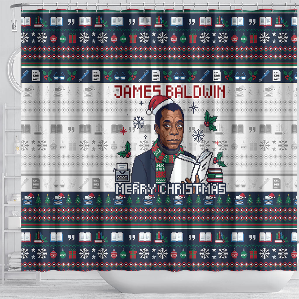 James Baldwin Christmas Santa Shower Curtain Ugly Pixel Pattern Black ...