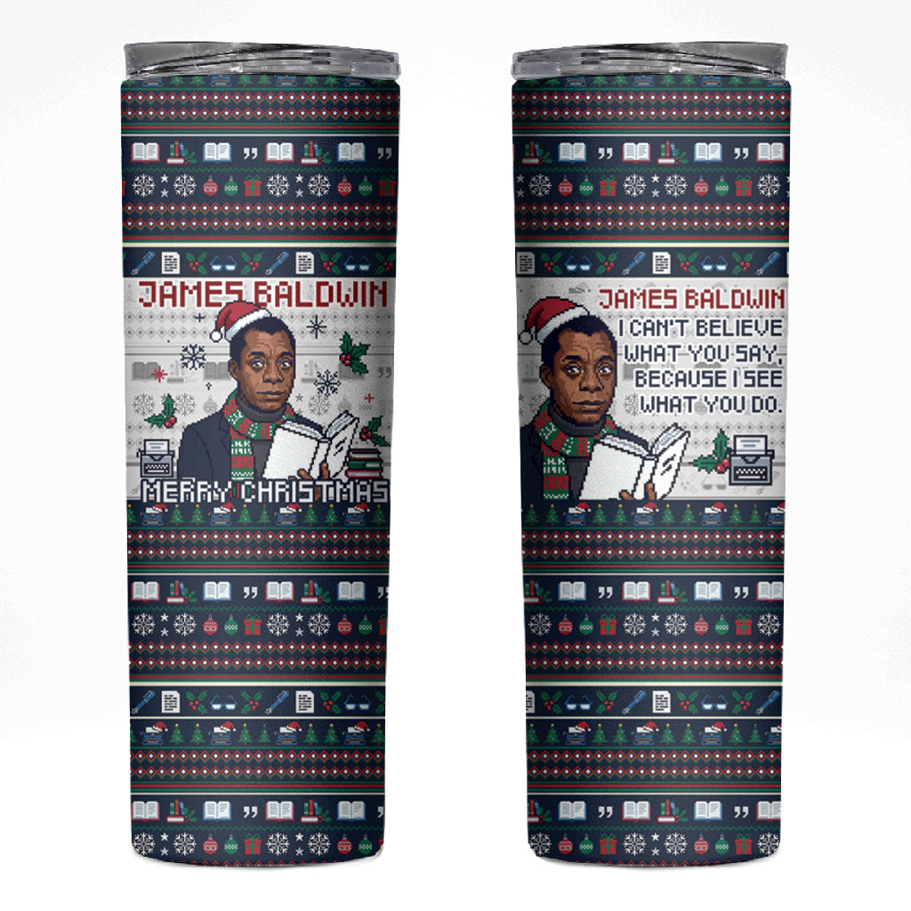 James Baldwin Christmas Santa Skinny Tumbler Ugly Pixel Pattern Black History Holiday