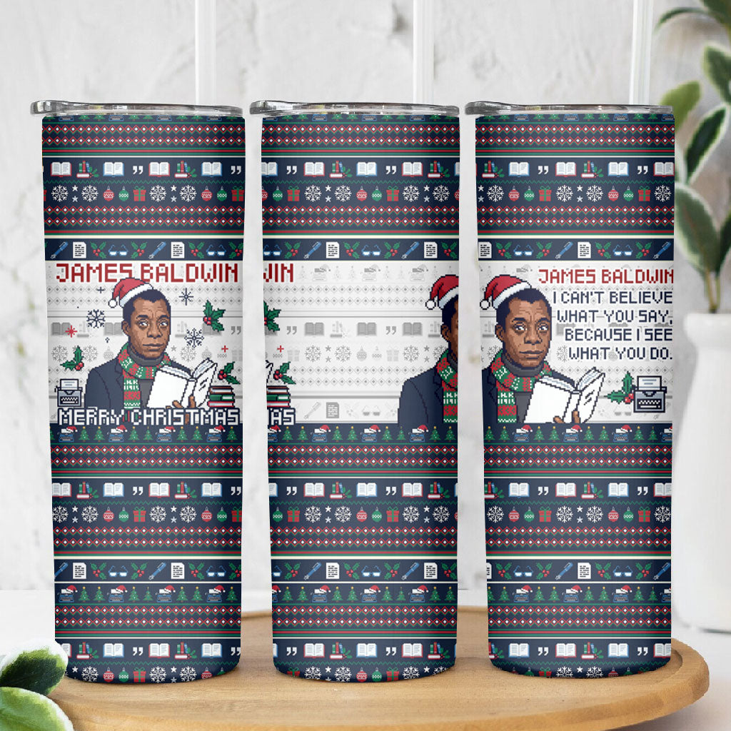 James Baldwin Christmas Santa Skinny Tumbler Ugly Pixel Pattern Black History Holiday