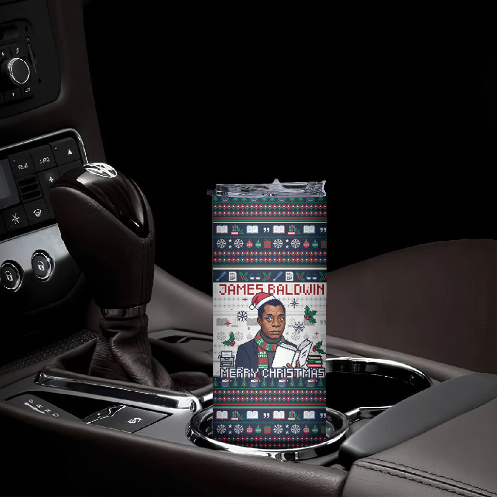 James Baldwin Christmas Santa Skinny Tumbler Ugly Pixel Pattern Black History Holiday
