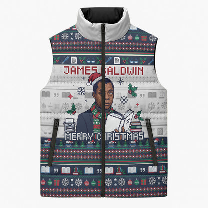 James Baldwin Christmas Santa Sleeveless Puffer Jacket Ugly Pixel Pattern Black History Holiday