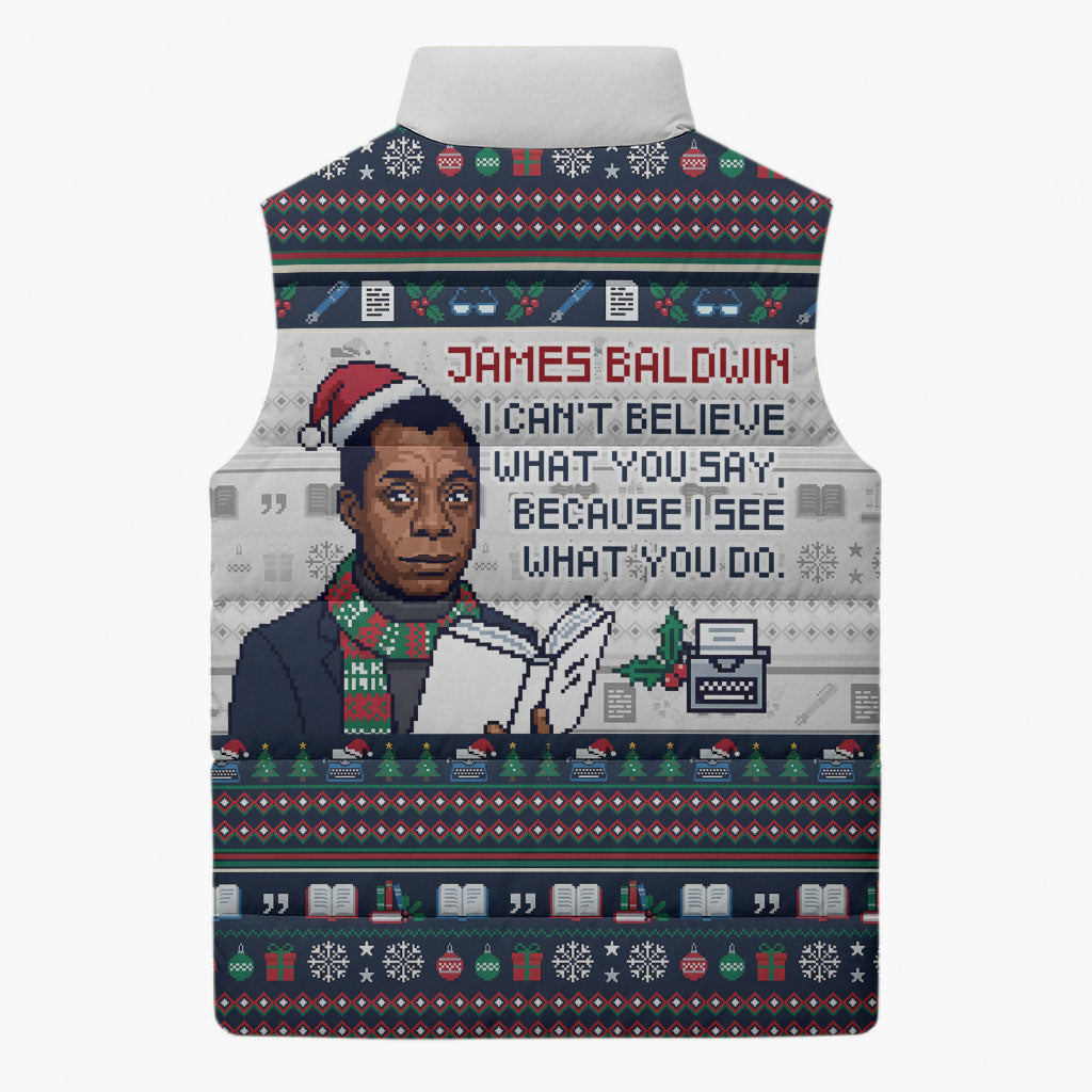 James Baldwin Christmas Santa Sleeveless Puffer Jacket Ugly Pixel Pattern Black History Holiday
