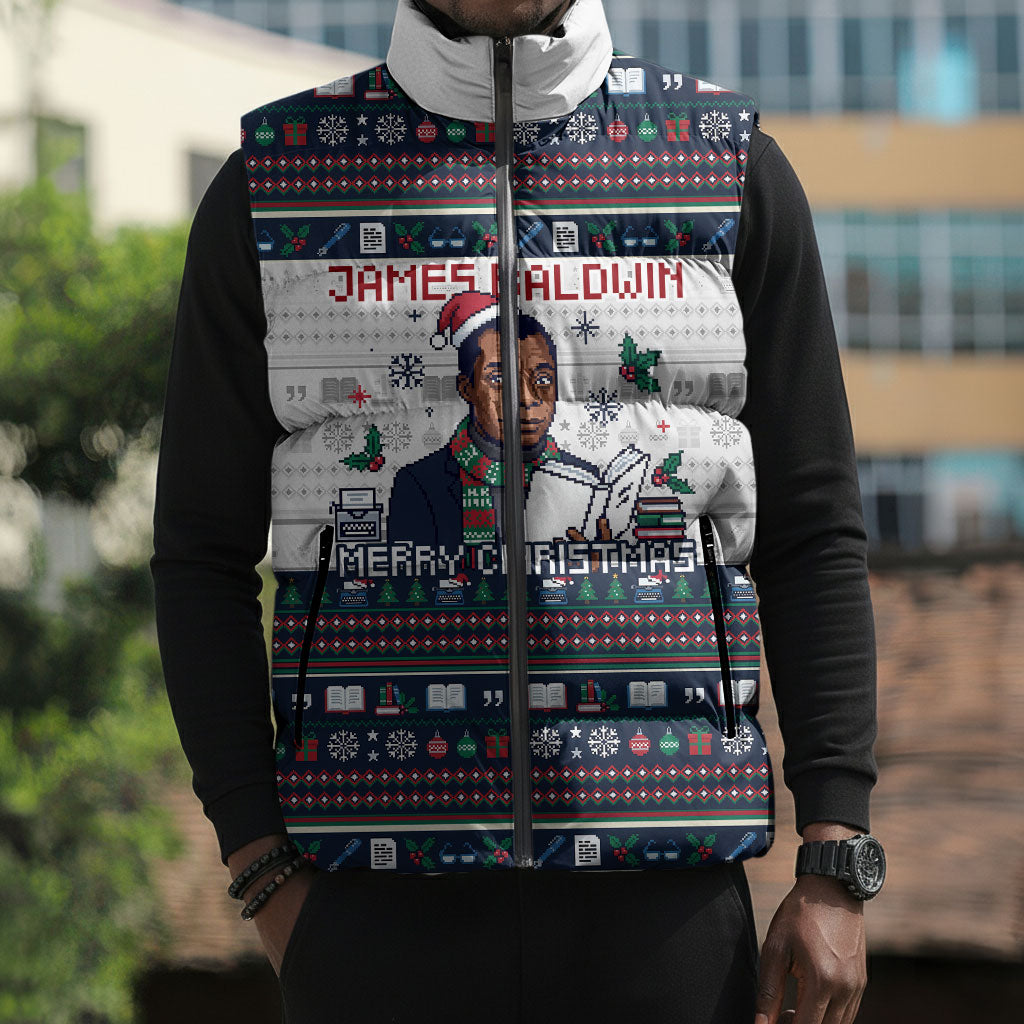 James Baldwin Christmas Santa Sleeveless Puffer Jacket Ugly Pixel Pattern Black History Holiday