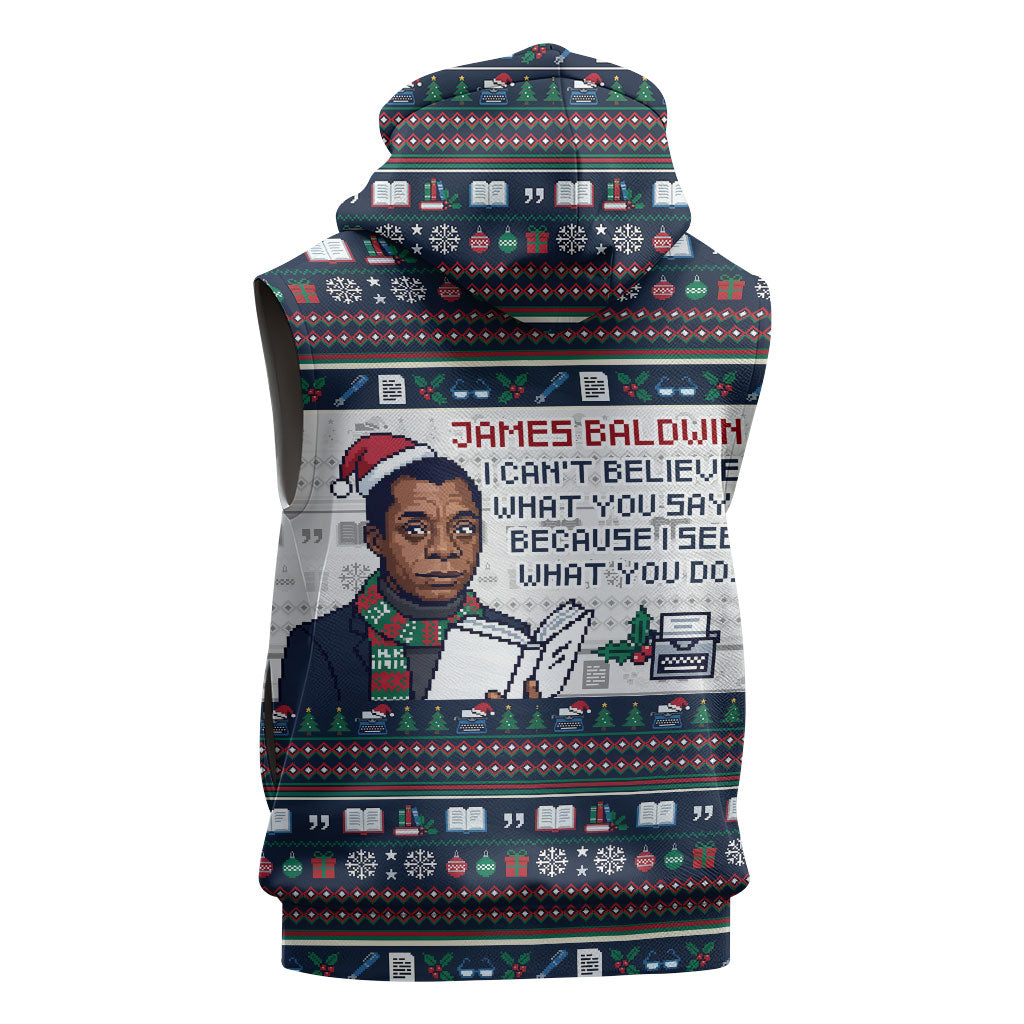 James Baldwin Christmas Santa Sleeveless Zip Hoodie Ugly Pixel Pattern Black History Holiday