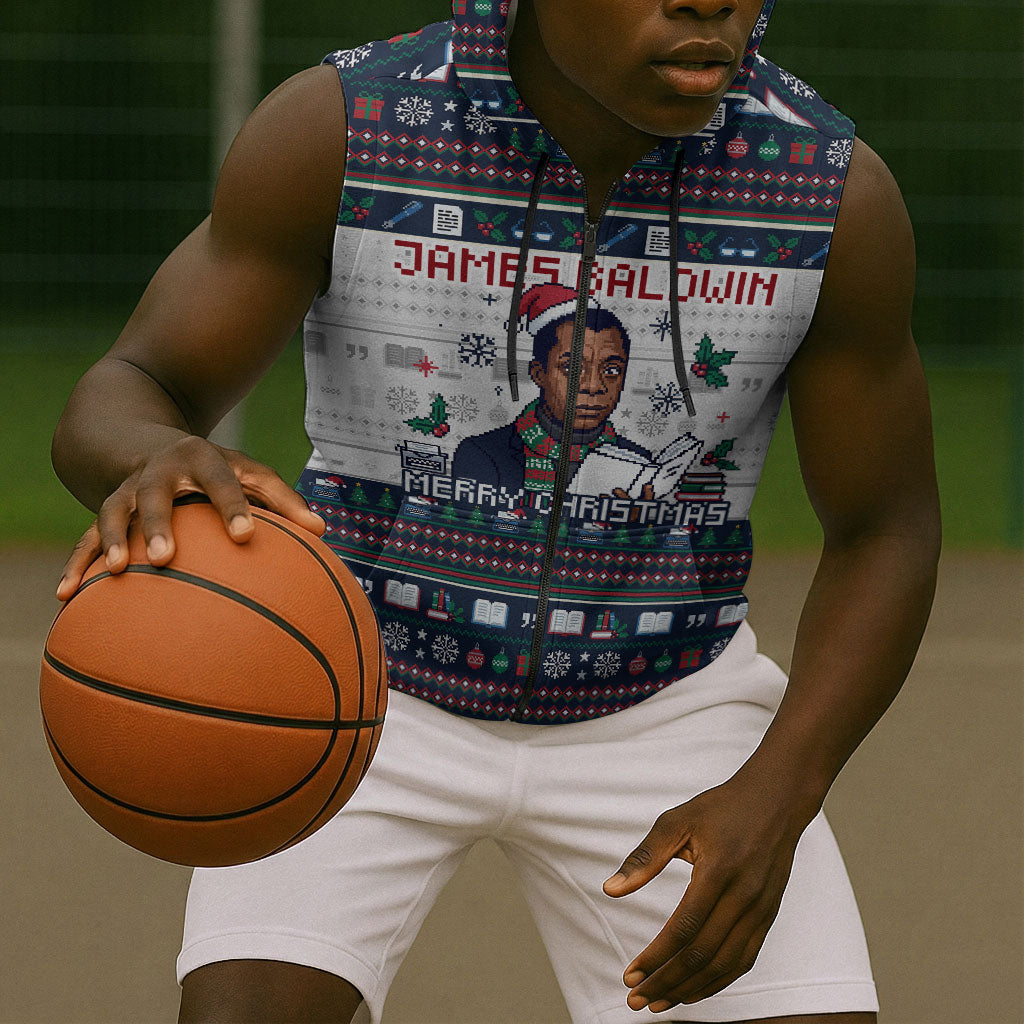 James Baldwin Christmas Santa Sleeveless Zip Hoodie Ugly Pixel Pattern Black History Holiday