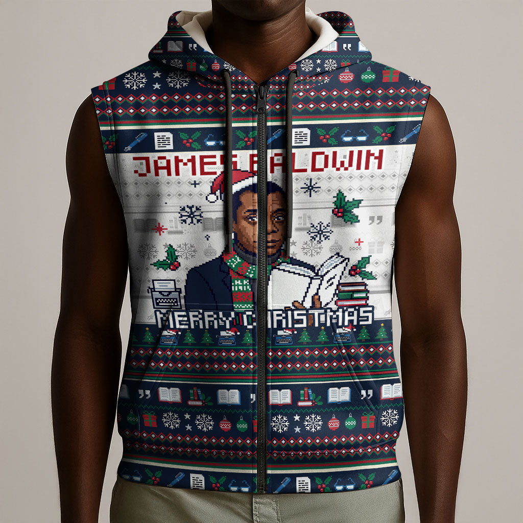 James Baldwin Christmas Santa Sleeveless Zip Hoodie Ugly Pixel Pattern Black History Holiday