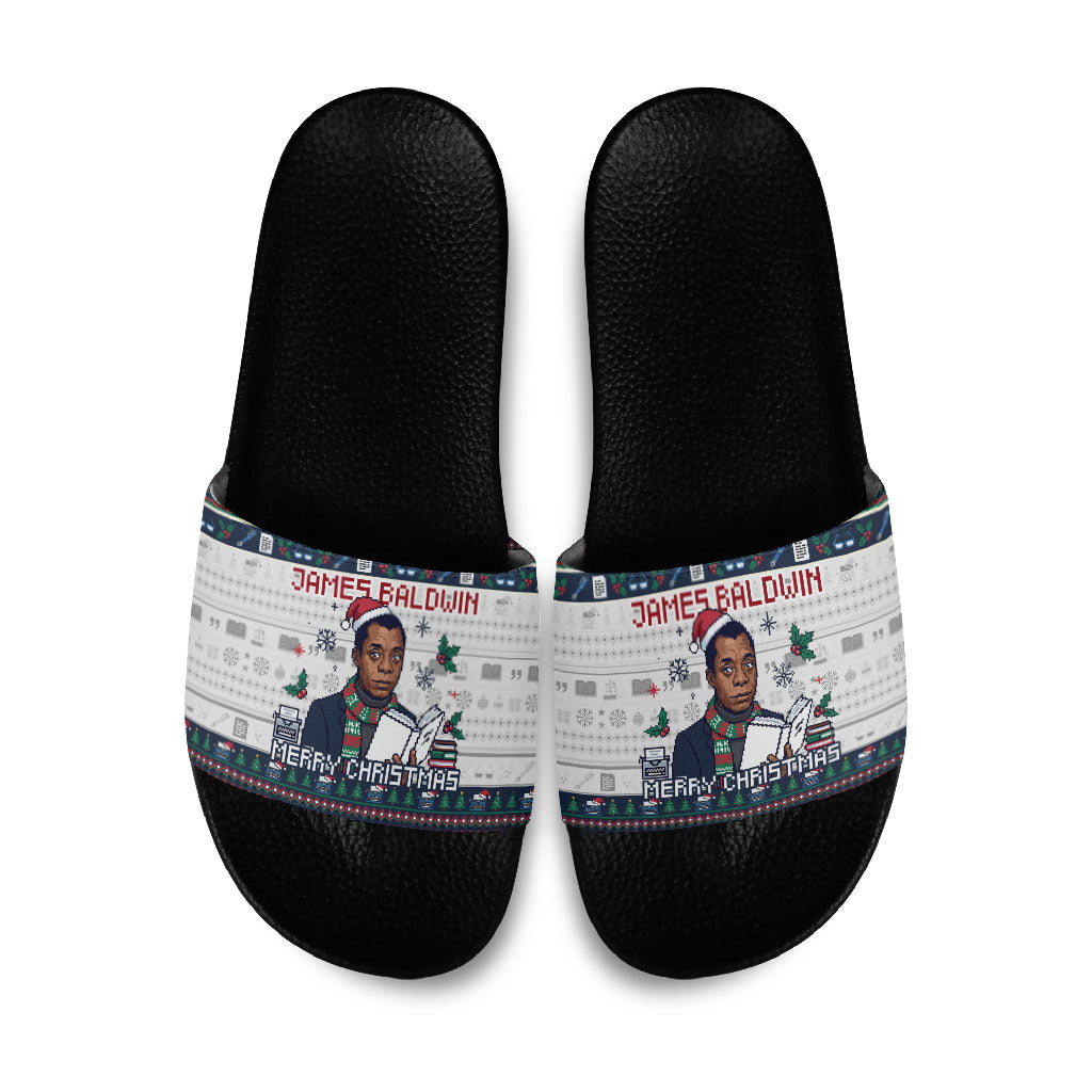 James Baldwin Christmas Santa Slide Sandals Ugly Pixel Pattern Black ...