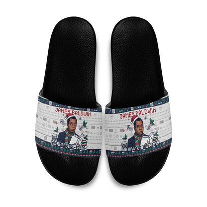 James Baldwin Christmas Santa Slide Sandals Ugly Pixel Pattern Black History Holiday