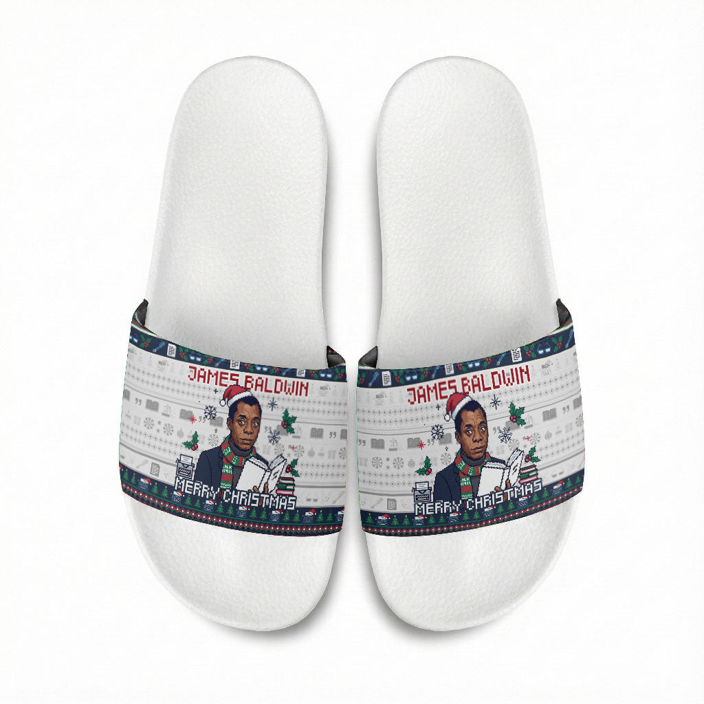 James Baldwin Christmas Santa Slide Sandals Ugly Pixel Pattern Black ...
