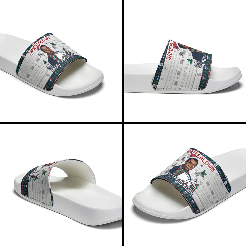 James Baldwin Christmas Santa Slide Sandals Ugly Pixel Pattern Black History Holiday