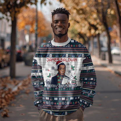 James Baldwin Christmas Santa Sweatshirt Ugly Pixel Pattern Black History Holiday