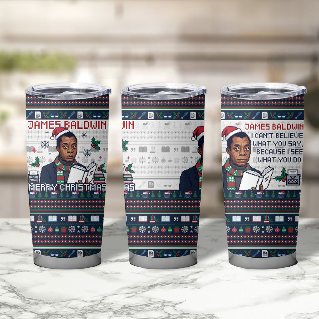 James Baldwin Christmas Santa Tumbler Cup Ugly Pixel Pattern Black History Holiday
