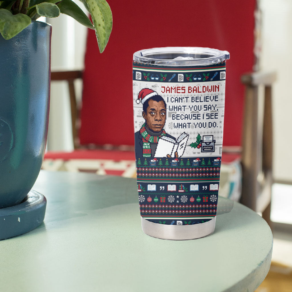 James Baldwin Christmas Santa Tumbler Cup Ugly Pixel Pattern Black History Holiday