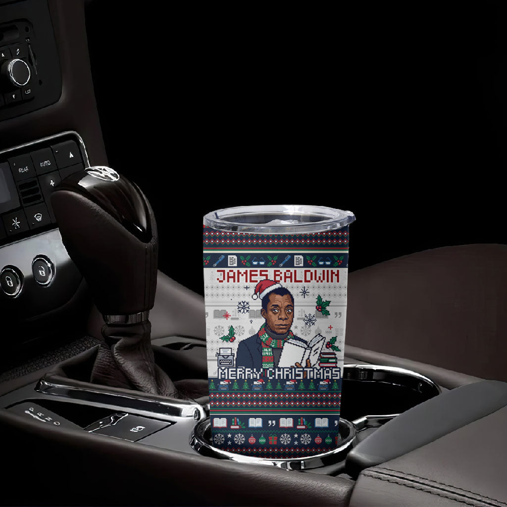 James Baldwin Christmas Santa Tumbler Cup Ugly Pixel Pattern Black History Holiday