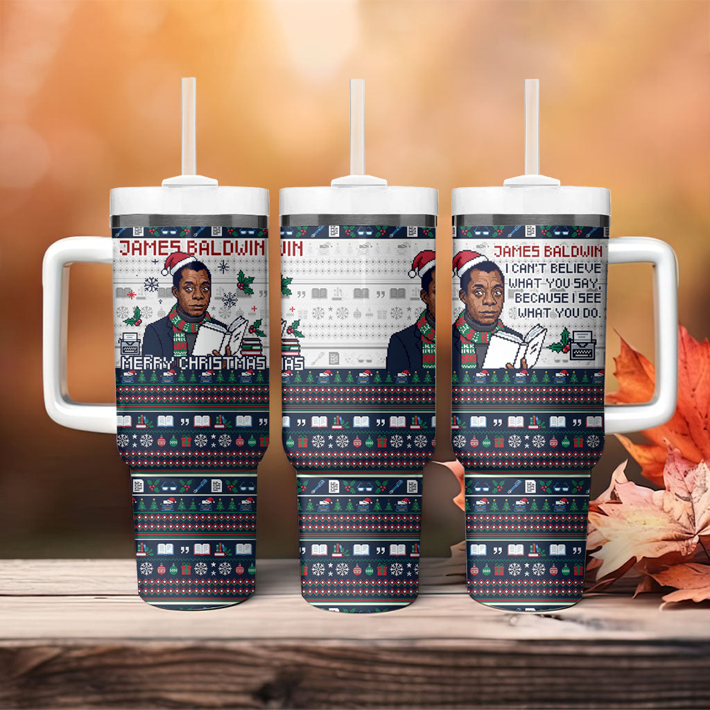 James Baldwin Christmas Santa Tumbler With Handle Ugly Pixel Pattern Black History Holiday