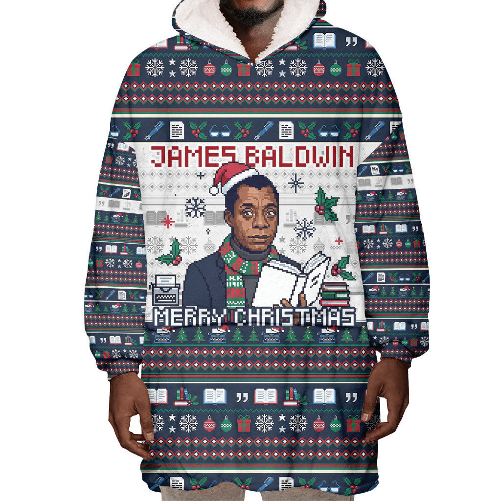 James Baldwin Christmas Santa Wearable Blanket Hoodie Ugly Pixel Pattern Black History Holiday