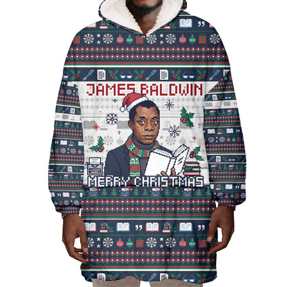 James Baldwin Christmas Santa Wearable Blanket Hoodie Ugly Pixel Pattern Black History Holiday