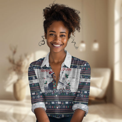 James Baldwin Christmas Santa Women Casual Shirt Ugly Pixel Pattern Black History Holiday