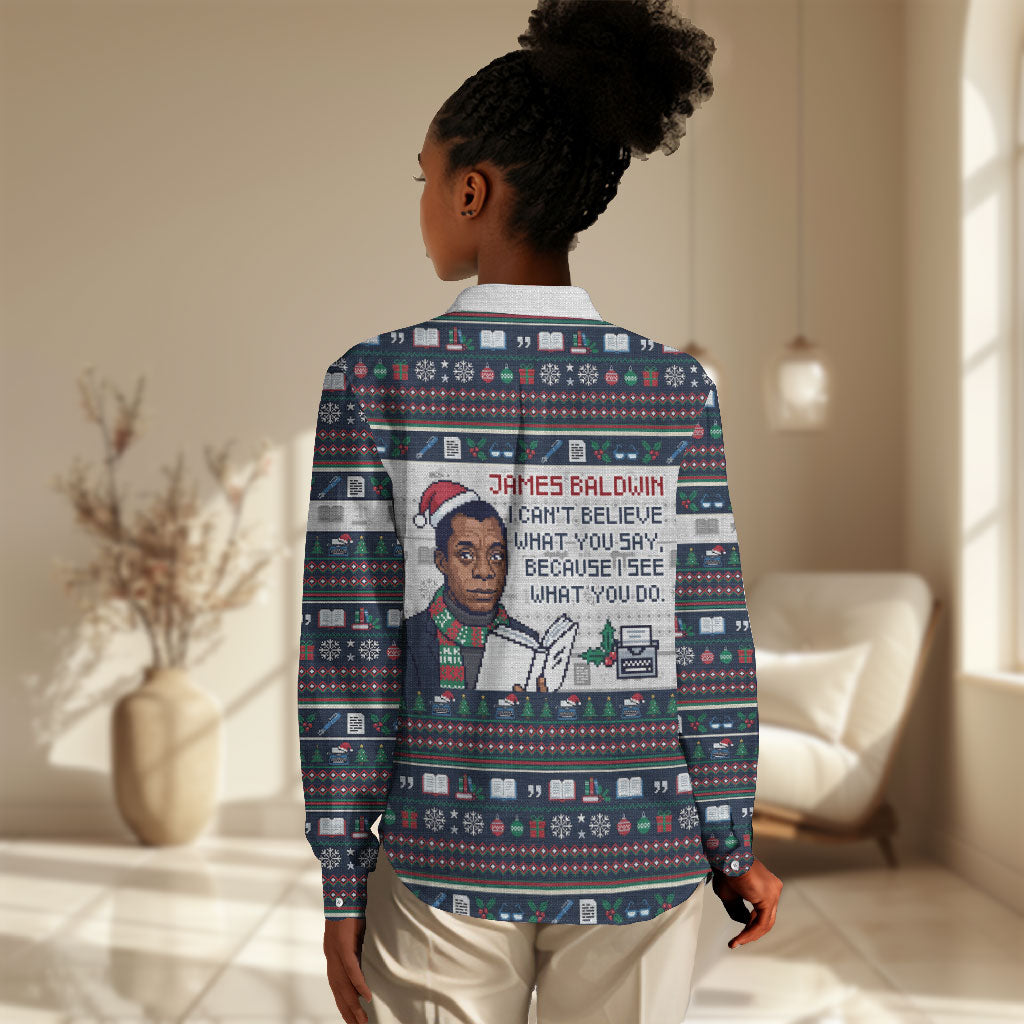 James Baldwin Christmas Santa Women Casual Shirt Ugly Pixel Pattern Black History Holiday