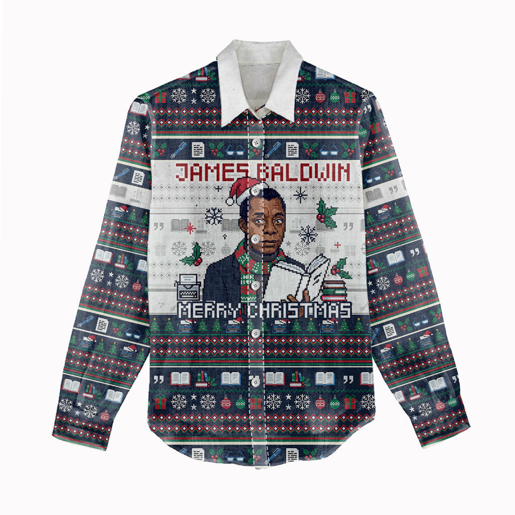 James Baldwin Christmas Santa Women Casual Shirt Ugly Pixel Pattern Black History Holiday