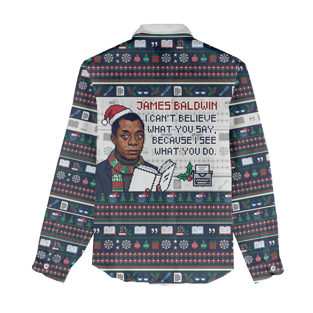 James Baldwin Christmas Santa Women Casual Shirt Ugly Pixel Pattern Black History Holiday