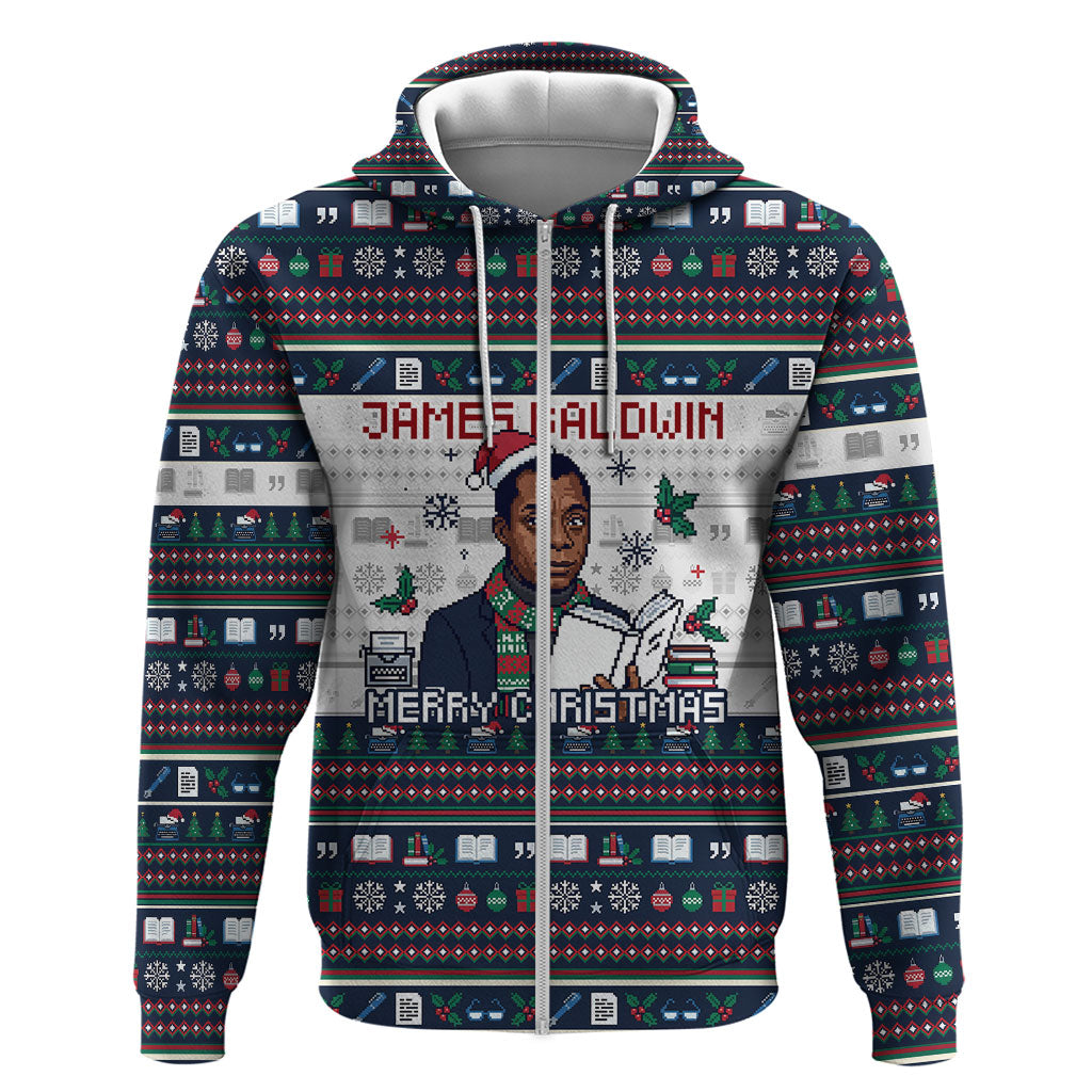 James Baldwin Christmas Santa Zip Hoodie Ugly Pixel Pattern Black History Holiday