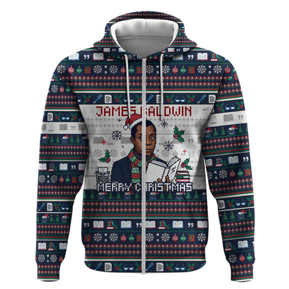 James Baldwin Christmas Santa Zip Hoodie Ugly Pixel Pattern Black History Holiday