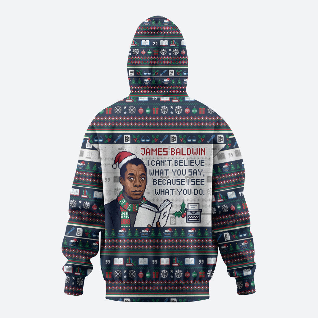 James Baldwin Christmas Santa Zip Hoodie Ugly Pixel Pattern Black History Holiday