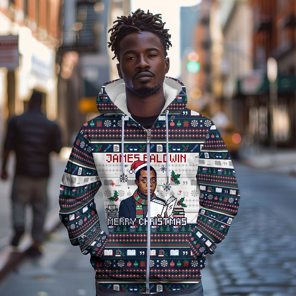 James Baldwin Christmas Santa Zip Hoodie Ugly Pixel Pattern Black History Holiday