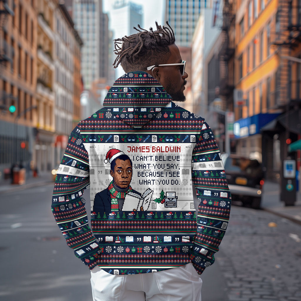 James Baldwin Christmas Santa Zip Hoodie Ugly Pixel Pattern Black History Holiday