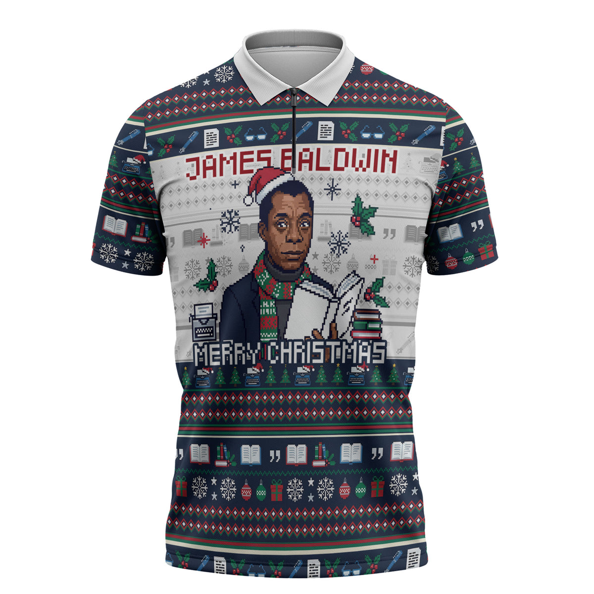 James Baldwin Christmas Santa Zipper Polo Shirt Ugly Pixel Pattern Black History Holiday
