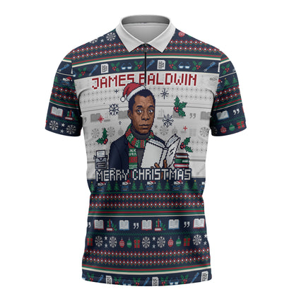 James Baldwin Christmas Santa Zipper Polo Shirt Ugly Pixel Pattern Black History Holiday