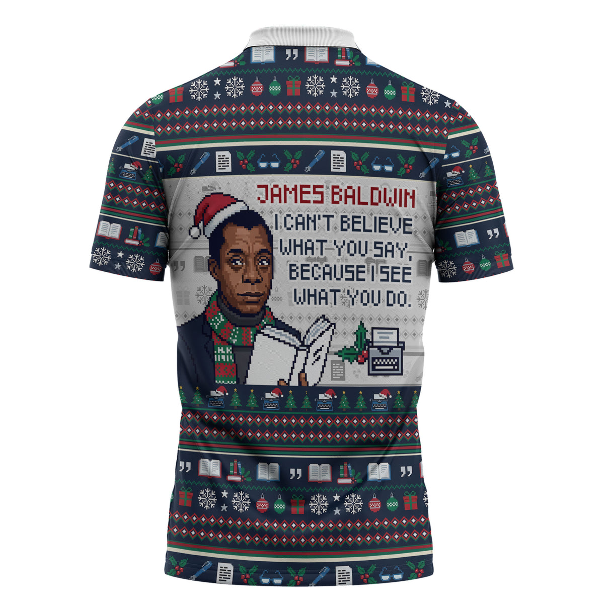 James Baldwin Christmas Santa Zipper Polo Shirt Ugly Pixel Pattern Black History Holiday