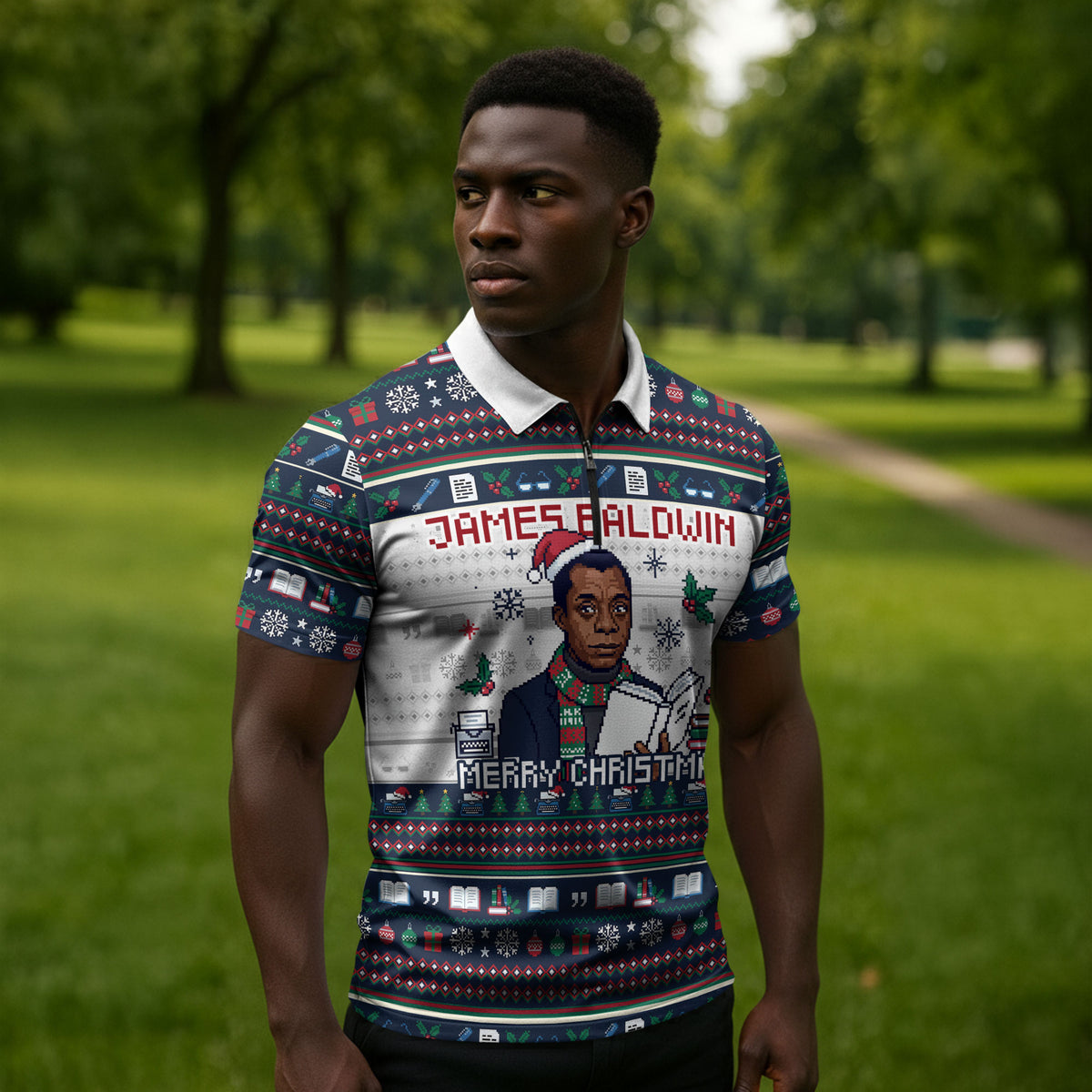 James Baldwin Christmas Santa Zipper Polo Shirt Ugly Pixel Pattern Black History Holiday