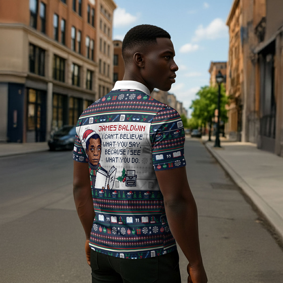 James Baldwin Christmas Santa Zipper Polo Shirt Ugly Pixel Pattern Black History Holiday