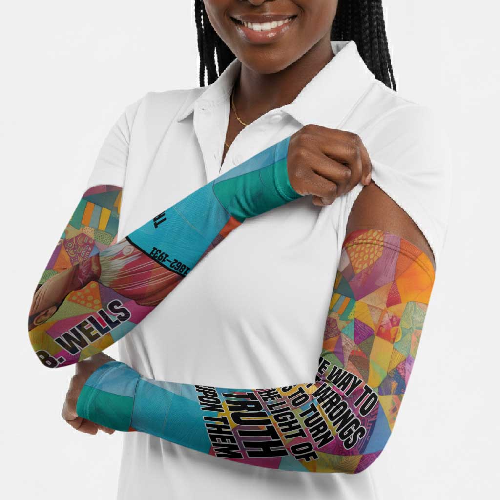 Ida B. Wells Arm Sleeves with Colorful Patchwork Pattern Design Confident Portrait Civil Rights and Journalism Tribute - African Pride