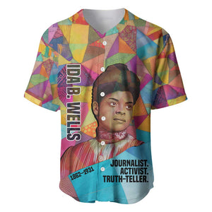 Ida B. Wells Baseball Jersey with Colorful Patchwork Pattern Design Confident Portrait Civil Rights and Journalism Tribute - African Pride