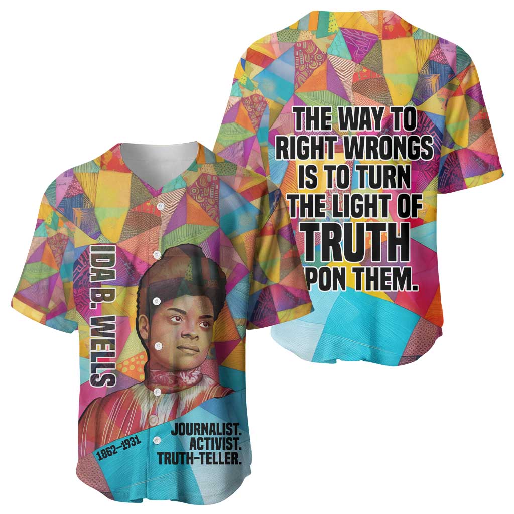 Ida B. Wells Baseball Jersey with Colorful Patchwork Pattern Design Confident Portrait Civil Rights and Journalism Tribute - African Pride