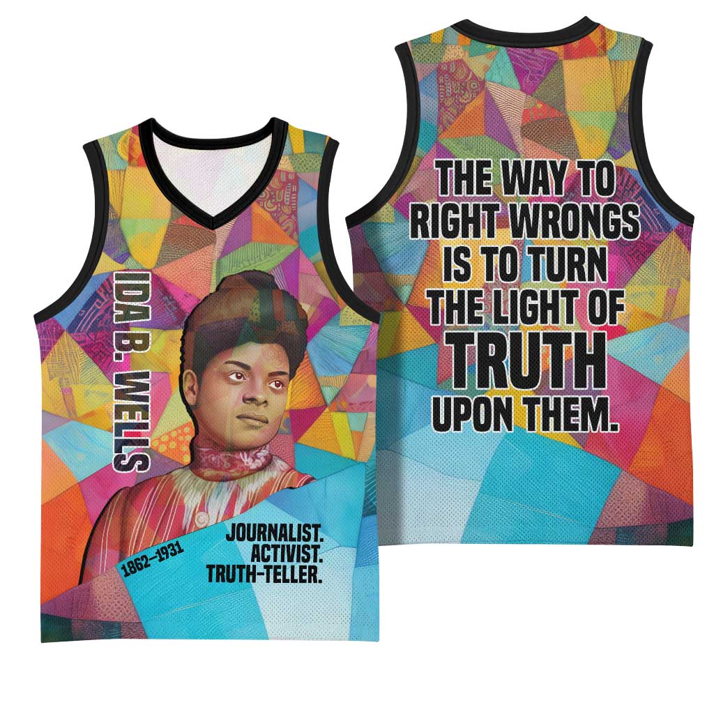 Ida B. Wells Basketball Jersey with Colorful Patchwork Pattern Design Confident Portrait Civil Rights and Journalism Tribute - African Pride