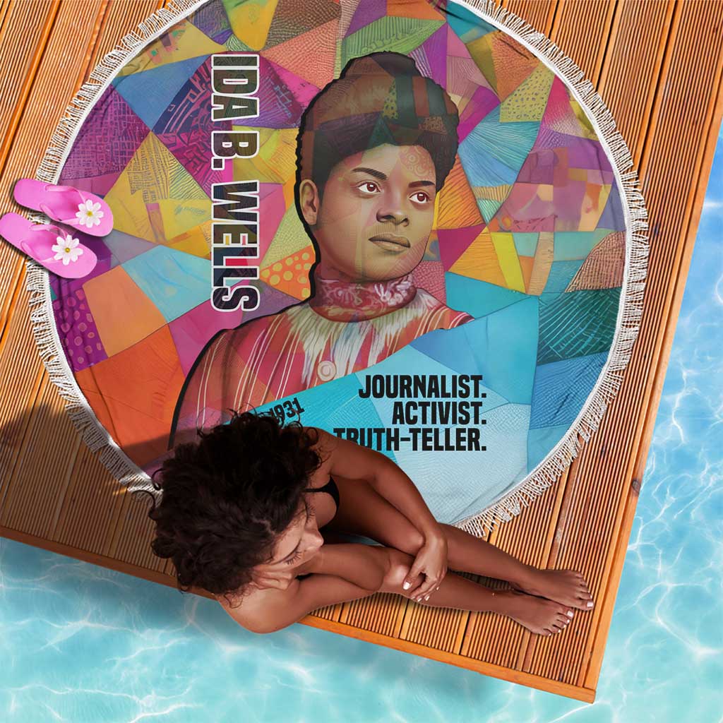 Ida B. Wells Beach Blanket with Colorful Patchwork Pattern Design Confident Portrait Civil Rights and Journalism Tribute - African Pride