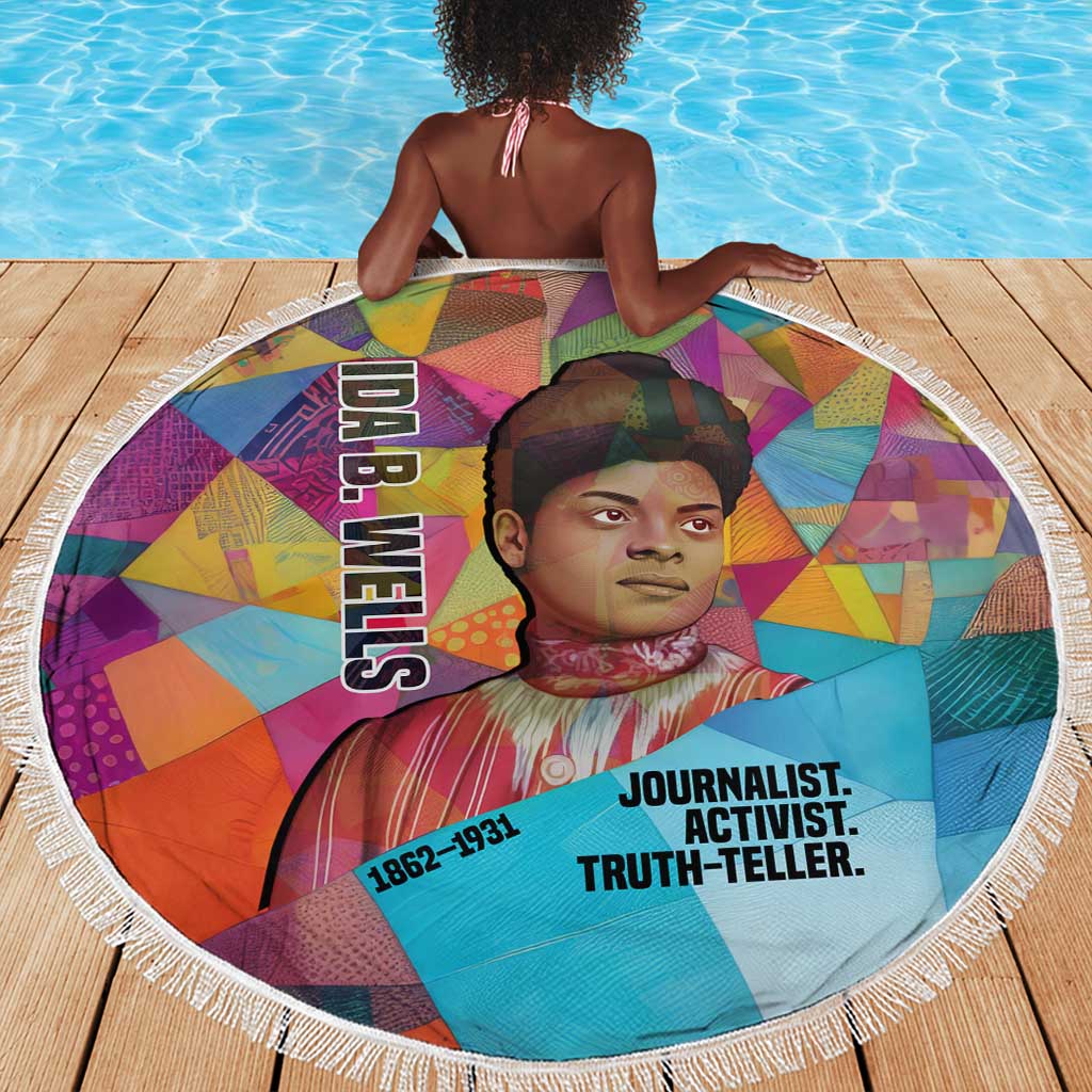 Ida B. Wells Beach Blanket with Colorful Patchwork Pattern Design Confident Portrait Civil Rights and Journalism Tribute - African Pride