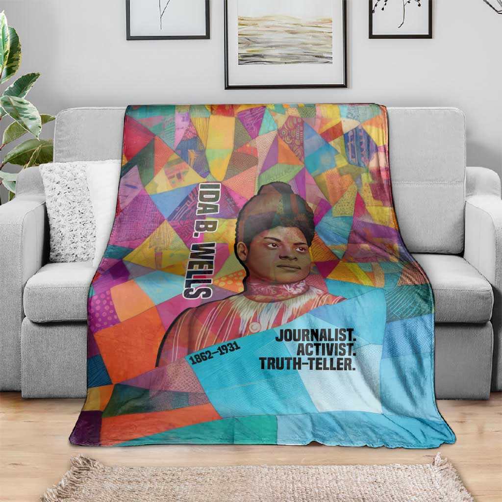 Ida B. Wells Blanket with Colorful Patchwork Pattern Design Confident Portrait Civil Rights and Journalism Tribute - African Pride