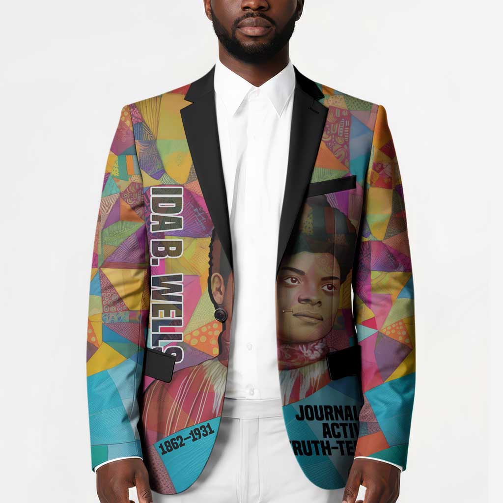 Ida B. Wells Blazer with Colorful Patchwork Pattern Design Confident Portrait Civil Rights and Journalism Tribute - African Pride