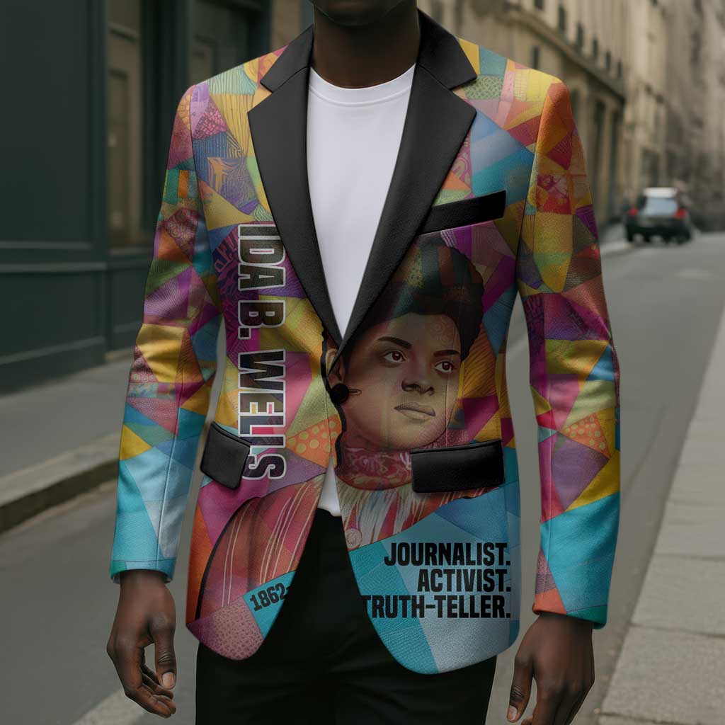 Ida B. Wells Blazer with Colorful Patchwork Pattern Design Confident Portrait Civil Rights and Journalism Tribute - African Pride