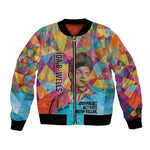 Ida B. Wells Bomber Jacket with Colorful Patchwork Pattern Design Confident Portrait Civil Rights and Journalism Tribute - African Pride
