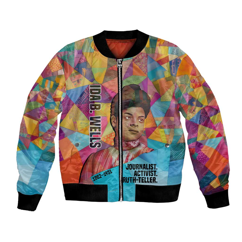 Ida B. Wells Bomber Jacket with Colorful Patchwork Pattern Design Confident Portrait Civil Rights and Journalism Tribute - African Pride