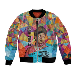Ida B. Wells Bomber Jacket with Colorful Patchwork Pattern Design Confident Portrait Civil Rights and Journalism Tribute - African Pride