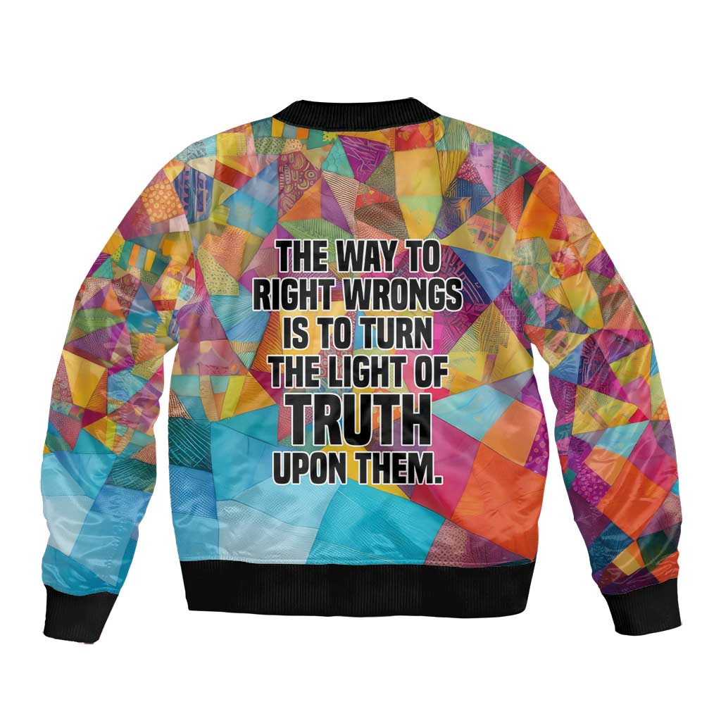 Ida B. Wells Bomber Jacket with Colorful Patchwork Pattern Design Confident Portrait Civil Rights and Journalism Tribute - African Pride