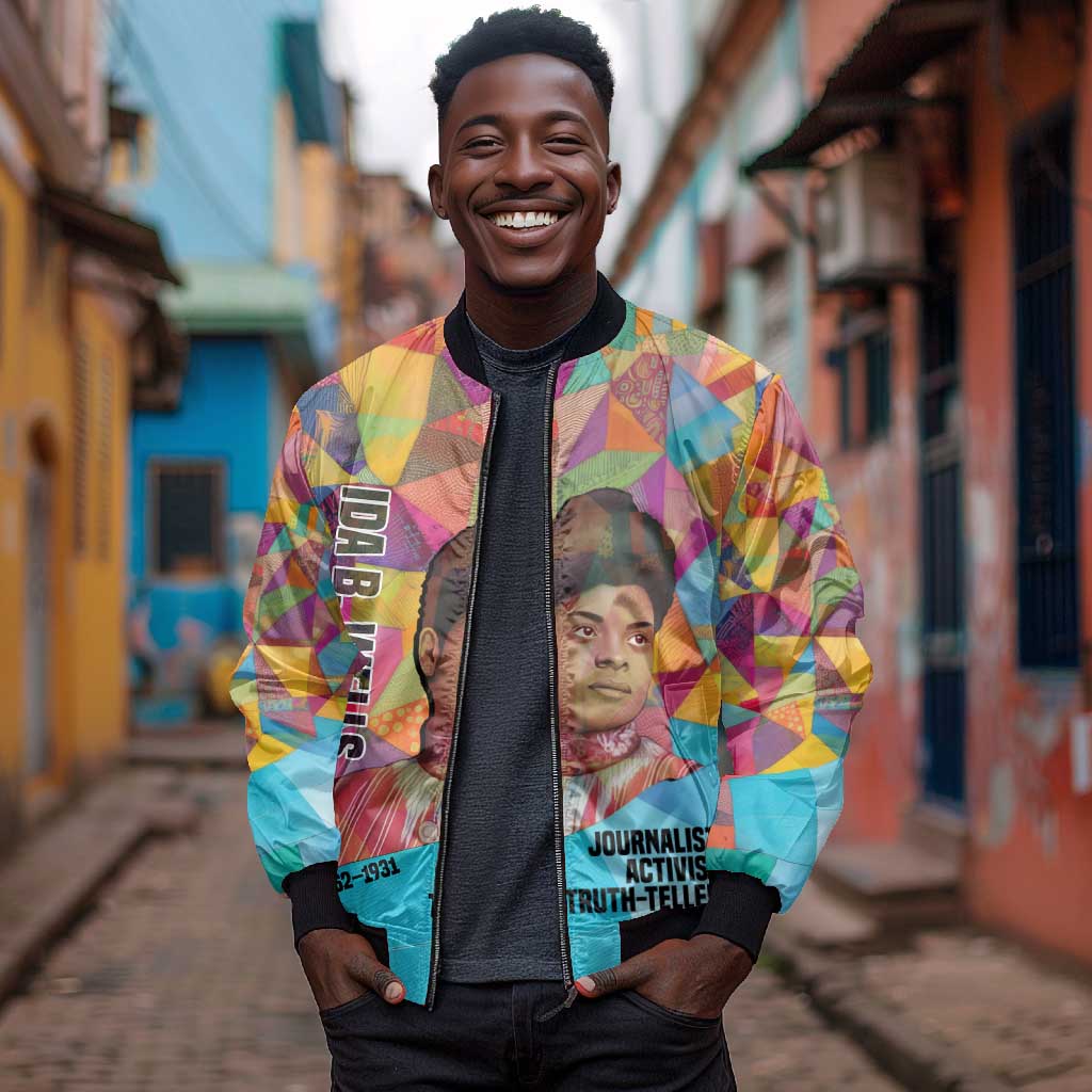 Ida B. Wells Bomber Jacket with Colorful Patchwork Pattern Design Confident Portrait Civil Rights and Journalism Tribute - African Pride