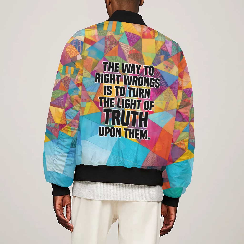 Ida B. Wells Bomber Jacket with Colorful Patchwork Pattern Design Confident Portrait Civil Rights and Journalism Tribute - African Pride